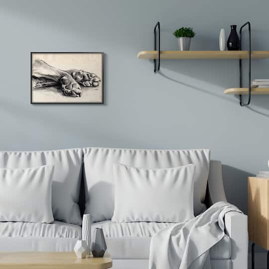 Stupell Industries Dog Paw Charcoal Design Minimal Tan Black in Black Frame Wall Art